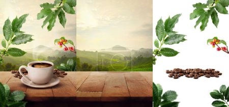 Photo for Coffee cup product display mockup with png leafs and farmlands view stand on wooden table - Royalty Free Image