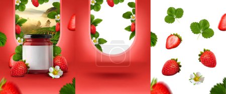 Photo for Jar jam display sweet product red background strawberry png fruits window mockup - Royalty Free Image