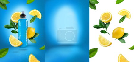 Téléchargez les photos : Les boissons isotoniques affichent un produit d'eau douce sur fond bleu avec des fruits png citron volant sur maquette - en image libre de droit