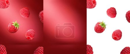 Téléchargez les photos : Afficher le produit sucré fond rouge framboise png fruits maquette - en image libre de droit