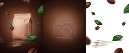 Téléchargez les photos : Modèle d'affichage de produits de café avec des grains png volants sur fond brun - en image libre de droit