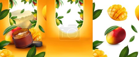 Téléchargez les photos : Masque crème pot affichage cosmétique produit orange fond mangue png fruits maquette - en image libre de droit