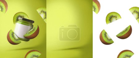 Téléchargez les photos : Confiture de pot jus affichage produit sucré fond vert kiwi png fruits maquette - en image libre de droit