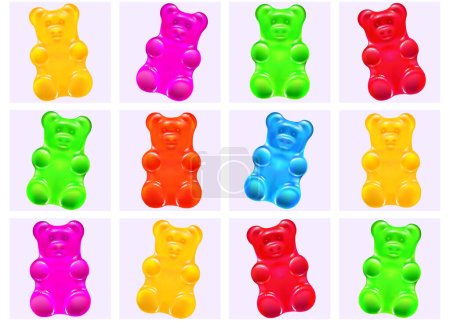 cute colored cartoon gummy bears.  bright jelly candies set of rainbow colors. greeting card. isolated vector illustration.