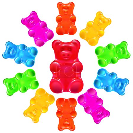 Foto de Funny colored jelly bears in circle on a white background. bright gummy animals candies. greeting card. isolated vector illustration. - Imagen libre de derechos