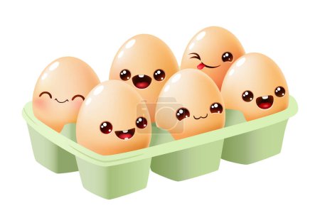 Illustration for Cute cartoon eggs in paper box on white background. set of eggs with funny emotion. food concept. isolated vector illustration. - Royalty Free Image