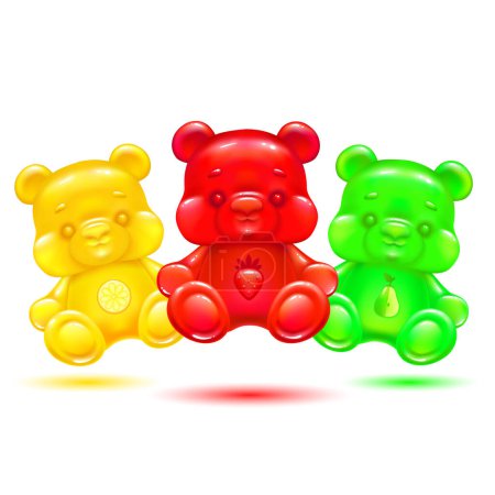 cute red, yellow and green jelly bears with  strawberry, citrus and pear flavor on a white background. bright gummy animals candy. isolated vector illustration.
