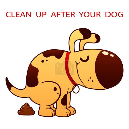 Lustige Cartoon pooping Hund auf weißem Hintergrund. Aufräumen nach dem Hund. Warnschild oder Hinweisschild. isolierte Vektorabbildung.