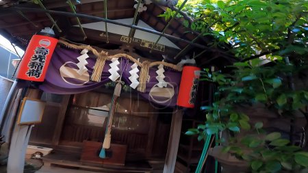 Photo for Shrine in Asakusa, Tokyo, Japan, wisteria trellis, greenery and shrine building, purple curtains and red lanterns - Royalty Free Image