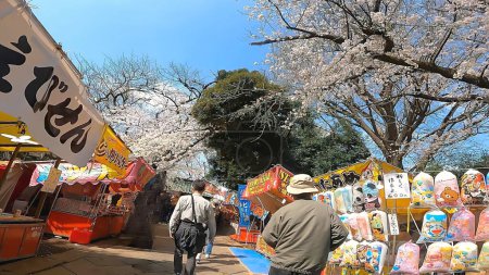 Foto de Flores de cerezo ueno toshogu enfoque santuario puesto algodón caramelo flor de cerezo viewingThe enfoque al santuario de Ueno Toshogu en el Parque de Ueno, Tokio, Japón - Imagen libre de derechos
