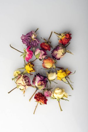 Téléchargez les photos : Fleurs séchées de diverses espèces pour une utilisation comestible pour les boissons, pâtisseries et cocktails avec de nombreuses couleurs prêtes à décorer et à manger - en image libre de droit
