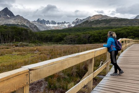 Téléchargez les photos : Femme contemplant et marchant à travers de beaux paysages de montagnes forêts rivières et ponts style de vie de voyage ushuaia argentine fin du monde - en image libre de droit