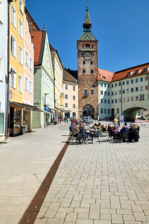 Photo for Germany Bavaria Romantic Road. Landsberg am Lech. Hauptplatz square. People eating out - Date: 20 - 04 - 2023 - Royalty Free Image
