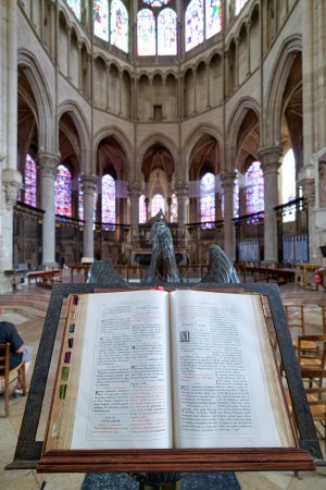 Photo for Auxerre Cathedral Saint Etienne. Burgundy France. The Holy Bible at the Altar - Date: 25 - 07 - 2023 - Royalty Free Image