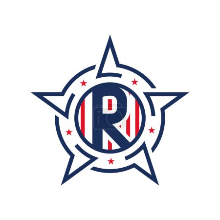 Logo patriotique américain R avec étoile et drapeau. Lettre R Conception du logo patriotique