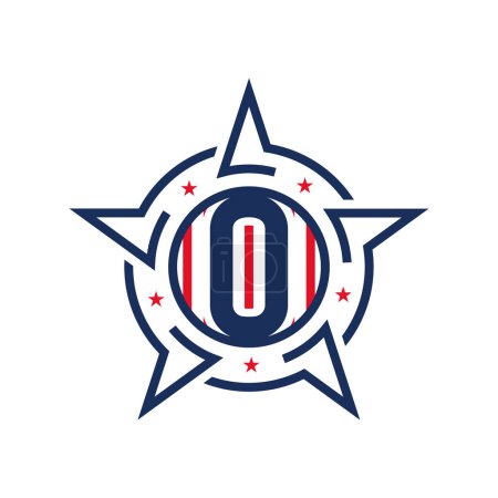Amerikanisches Patriotisches O-Logo mit Stern und Fahne. Buchstabe O patriotisches Logo-Design