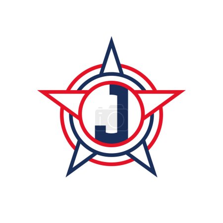 Buchstabe J Star Logo Design. Patriotisches J-Logo-Konzept innerhalb von Star
