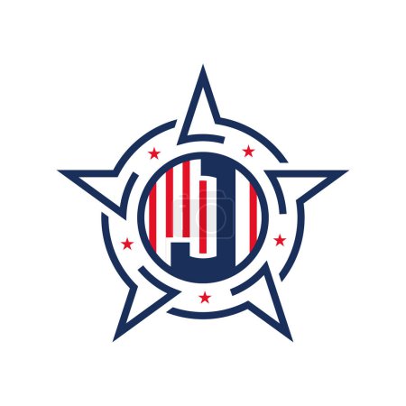American Patriotic J Logo with Star and Flag. Letra J Diseño de Logo Patriótico