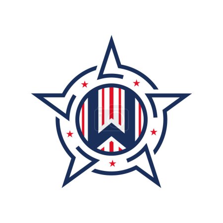 Amerikanisches Patriotisches W-Logo mit Stern und Fahne. Buchstabe W Patriotisches Logo Design