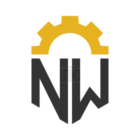 Diseño del logotipo del engranaje de la letra NW para el centro de servicio, reparación, fábrica, negocio industrial, digital y mecánico