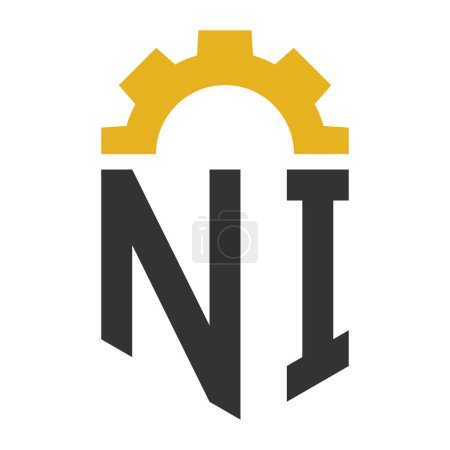 Lettre NI Gear Logo Design pour centre de service, réparation, usine, entreprise industrielle, numérique et mécanique