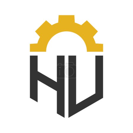 Diseño del logotipo del engranaje de la letra HU para el centro de servicio, reparación, fábrica, negocio industrial, digital y mecánico