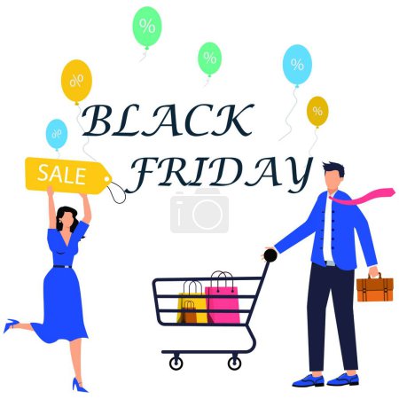 Illustration for Black Friday Sale banner or Promotion on dark background. Online shopping store with mobile , credit cards and shop elements - Royalty Free Image