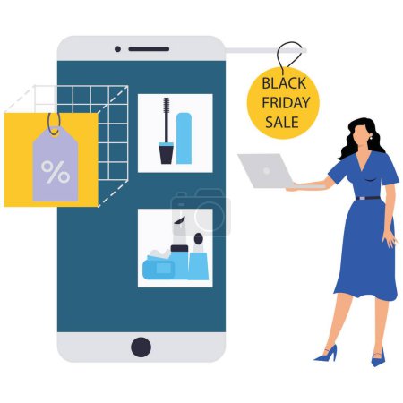 Illustration for Black friday square banner. Smartphone with shopping order on the screen and happy woman with shopping bags. Online shopping and autumn sales concept. Flat Vector illustration with lettering - Royalty Free Image