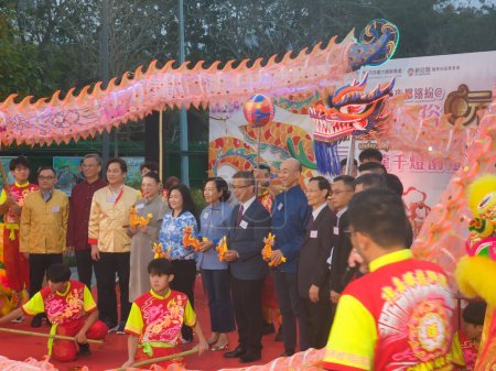 Photo for Hong Kong, China - February 17 2024: Hong Kong government officials participate in Islands District Lunar New Year Lantern Carnival. - Royalty Free Image