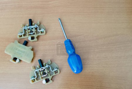 Terminals for din rail. Electricity terminal strip on DIN rail for electrical terminals