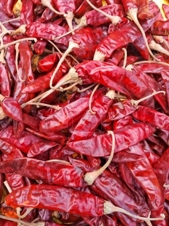 Dry red chili peppers, closeup view.