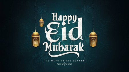 A beautifully designed greeting card for the Eid festival. Dominating the center is a white, ornate text that reads 'Happy Eid Mubarak'. 