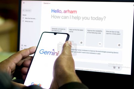 Photo for Google Gemini logo is displayed on a smartphone screen. The tool was launched by Google as its new multimodal artificial intelligence (AI) model,Dhaka,Bangladesh 03 April 2024. - Royalty Free Image
