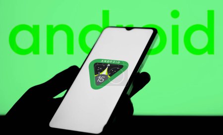 Photo for Dhaka, Bangladesh- 02 Apr 2024: Android 15 logo is displayed on smartphone. Android 15 is an upcoming major release of the Android mobile operating system. - Royalty Free Image