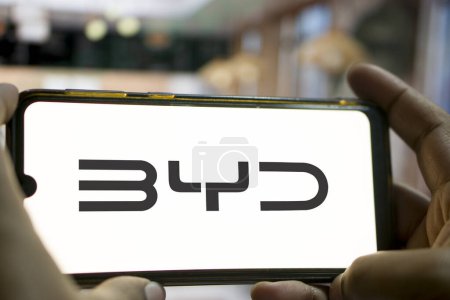 Photo for Dhaka,Bangladesh 17 April 2024:BYD Co. Ltd. "Build Your Dreams" logo on smartphone  . Is Chinese conglomerate manufacturing company. BYD is major competitor of Tesla in China - Royalty Free Image