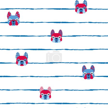Illustration for American bulldog seamless pattern. Repeat print with french bulldogs faces. Americans colorful ornament with dogs and stars. - Royalty Free Image