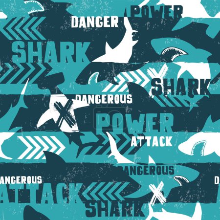 Illustration for Abstract seamless pattern with shark silhouette on grunge linear background with arrows, text dangerous power attack. Shark silhouette repeat ornament. Big fish predator repeat print for sport textile - Royalty Free Image