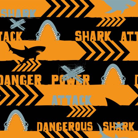 Illustration for Abstract seamless pattern with shark silhouette on grunge linear background with arrows, text dangerous power attack. Shark silhouette repeat ornament. Big fish predator repeat print for sport textile - Royalty Free Image