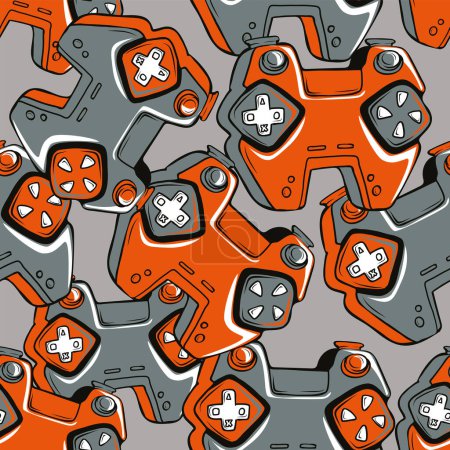 Ilustración de Patrón de gamepad sin costuras abstracto. Adorno de colores gris y naranja con mandos - Imagen libre de derechos