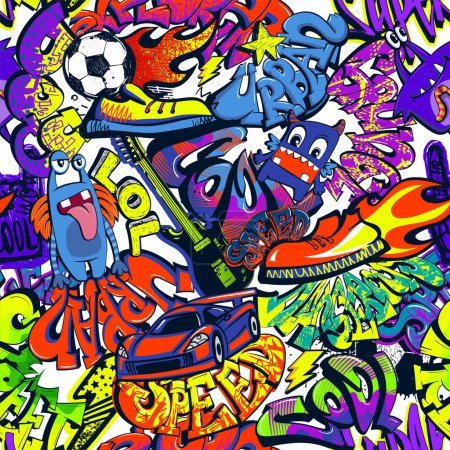 Ilustración de Patrón de graffiti grunge sin costuras abstracto. palabras coloridas dibujo en los adolescentes estilo de pared de graffiti urbano. monster character,sport car, electro guitar, fire ball, sneakers, lightning, stars - Imagen libre de derechos