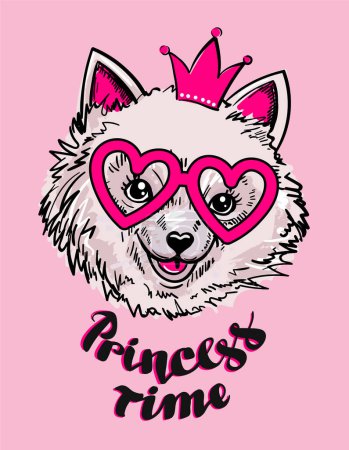 Vector white dog with red glasses and crown. Hand drawn illustration of dressed Spitz.