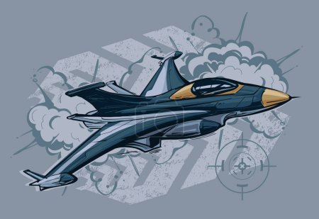 Téléchargez les illustrations : Avion militaire volant sur fond de flèche grunge. Affiche de chasseur jet. - en licence libre de droit