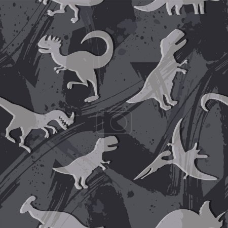 Illustration for Dinosaurs seamless pattern on grunge graffiti background. Repeat dino print for kids textile, boy clothes, wrapping paper. Jurassic animals ornaments. Grunge textured ornament. - Royalty Free Image