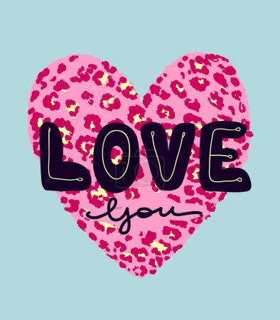 Heart leopard print with text Love You. Leopard spots girls graphic tees vector design illustration. animal print. Love t shirt design. Valentines day card