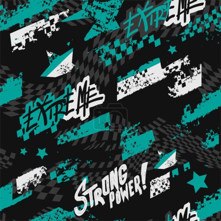 Race flag seamless patter n on grunge background with graffiti text Strong power, extreme. Grunge sport textured print for fabric, sport textile, wrapping paper. Checkered flag background