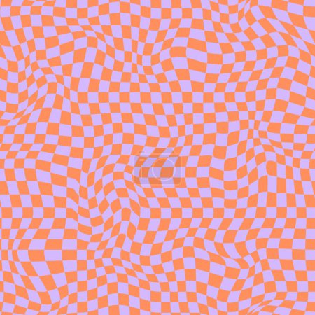 90 checkered irregular pattern. Twisted checkered pattern in pink and orange colors. Wavy squares web ornament in groovy style. Geometric ornament for sport textile, clothes, wrapping paper