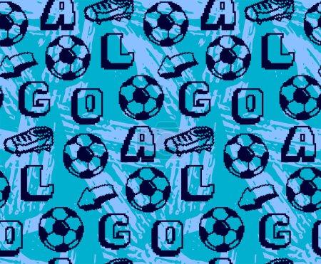 Illustration for Pixel soccer ball seamless pattern grunge background. Football ornament with lettering, pixel text Goal, arrow sign, snickers shoes. 8 bit football print blue colors - Royalty Free Image