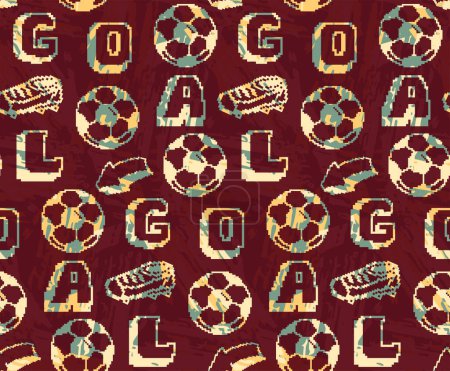 Pixel soccer ball seamless pattern grunge background. Football ornament lettering, text Goal time. Football soccer ball repeat print. Pixel repeat print with football shoes, arrow. 8 bit