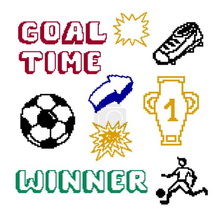 Set of Pixel soccer ball, text Goal time, winner, running footballer, football shoes, arrow. pixelated illustration stickers.