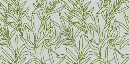 Tarragon seamless pattern. Linear Floral ornament with hand drawn aromatic garden herbs, leaves outline print. Vintage botanical vector illustration